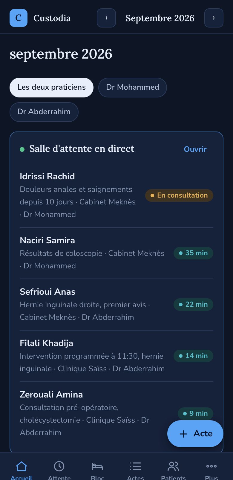Écran d'accueil de Custodia sur un téléphone : salle d'attente en direct et programme du bloc